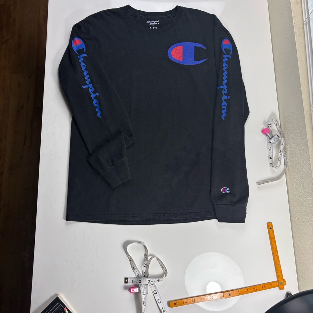 Champion Black Long Sleeve Tee with Blue and Red Logo - Picture 1 of 6